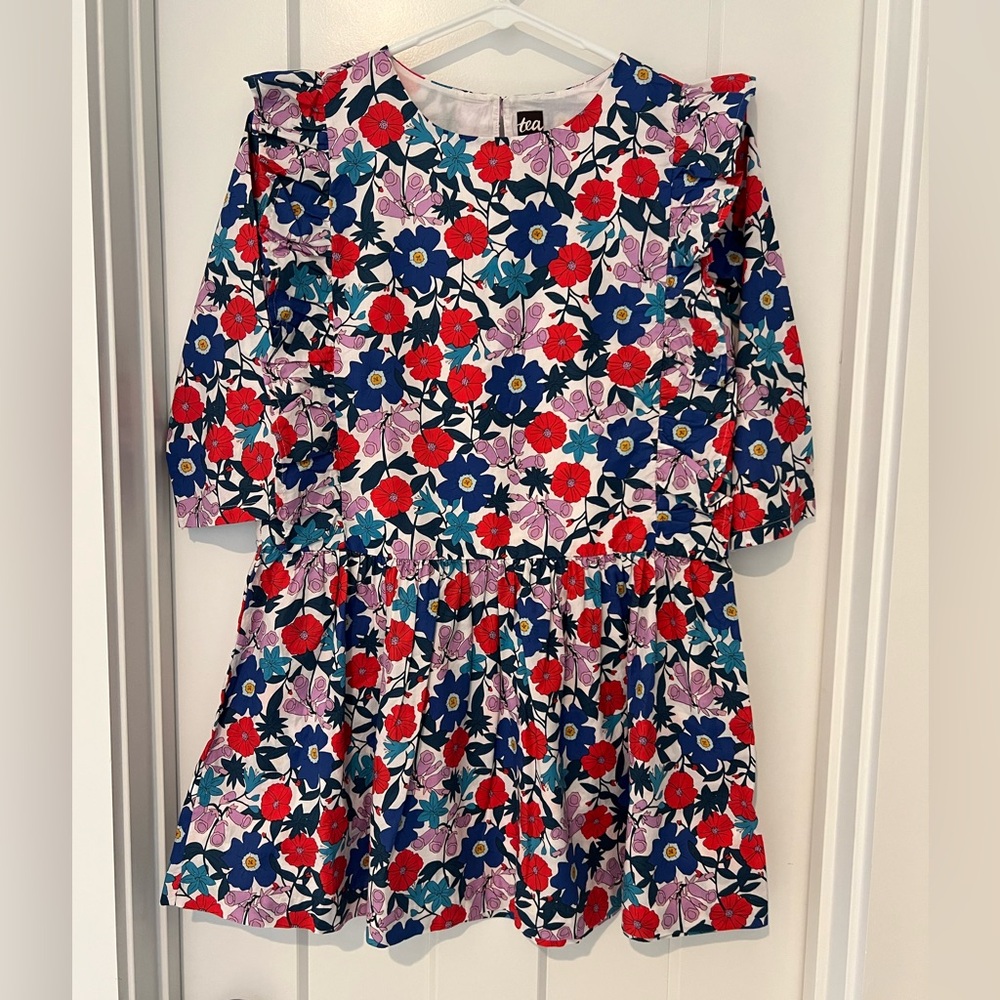 NWOT Tea Collection: Red White Blue Ruffled Floral Dress 100% Cotton: Size 12